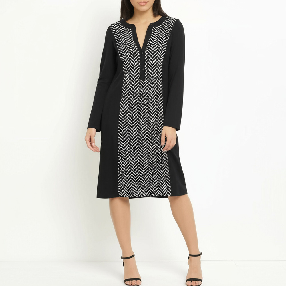 FOREVER Womens Long Sleeve Tunic Dress XL Black White Geometric Chevron Collared